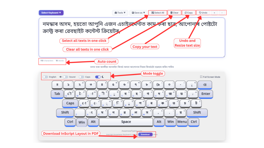 Step 4: Use Select All, Clear, Copy, Undo, Auto word count and theme toggle controls